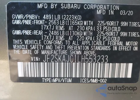 2020 Subaru Forester Premium from USA, damaged, VIN JF2SKAJC1LH553233